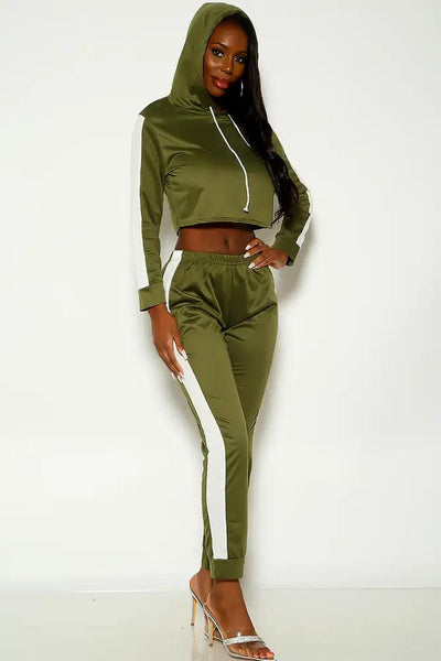 Olive Long Sleeve Hooded Two Piece Lounge Wear Outfit - AMIClubwear