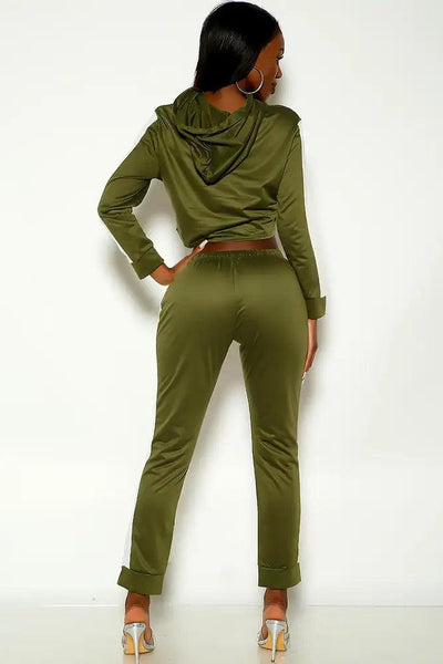 Olive Long Sleeve Hooded Two Piece Lounge Wear Outfit - AMIClubwear