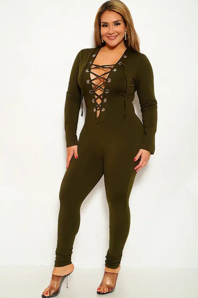 Olive Long Sleeve Lace Up Plus Size Jumpsuit - AMIClubwear