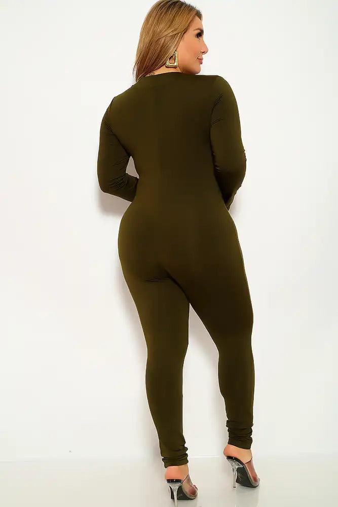 Olive Long Sleeve Lace Up Plus Size Jumpsuit - AMIClubwear