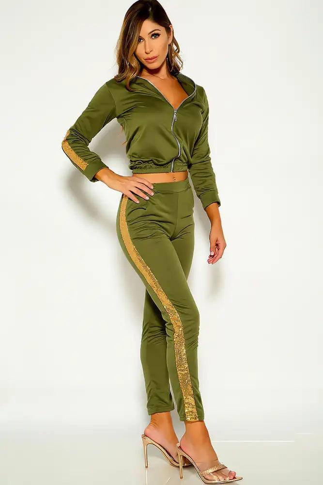 Olive Long Sleeve Sequins Two Piece Outfit - AMIClubwear