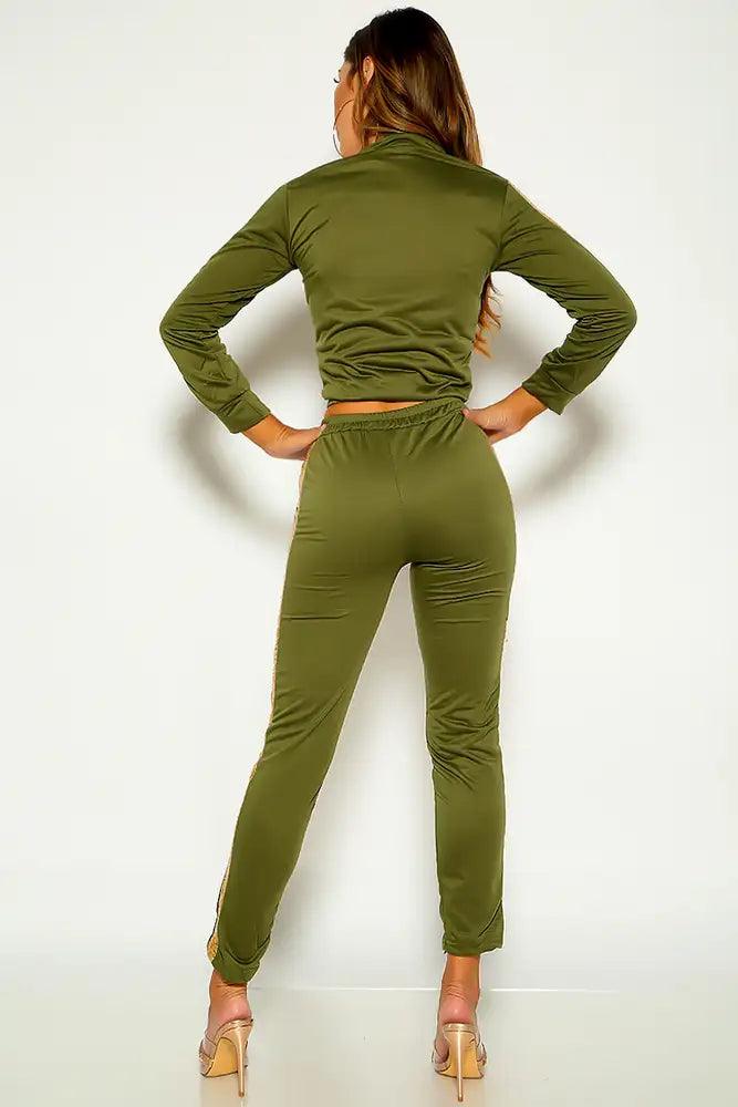 Olive Long Sleeve Sequins Two Piece Outfit - AMIClubwear