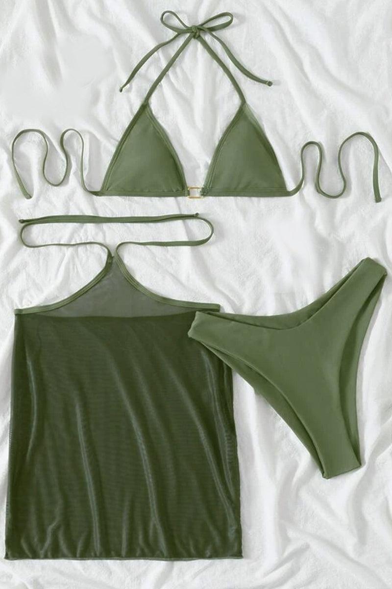 Olive Mesh Halter Three Piece Swimsuit - AMIClubwear