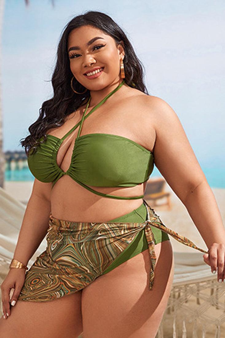 Olive Multi Printed Halter Three Piece Plus Size Swimsuit - AMIClubwear