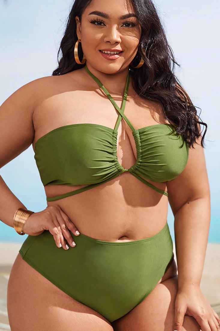 Olive Multi Printed Halter Three Piece Plus Size Swimsuit - AMIClubwear