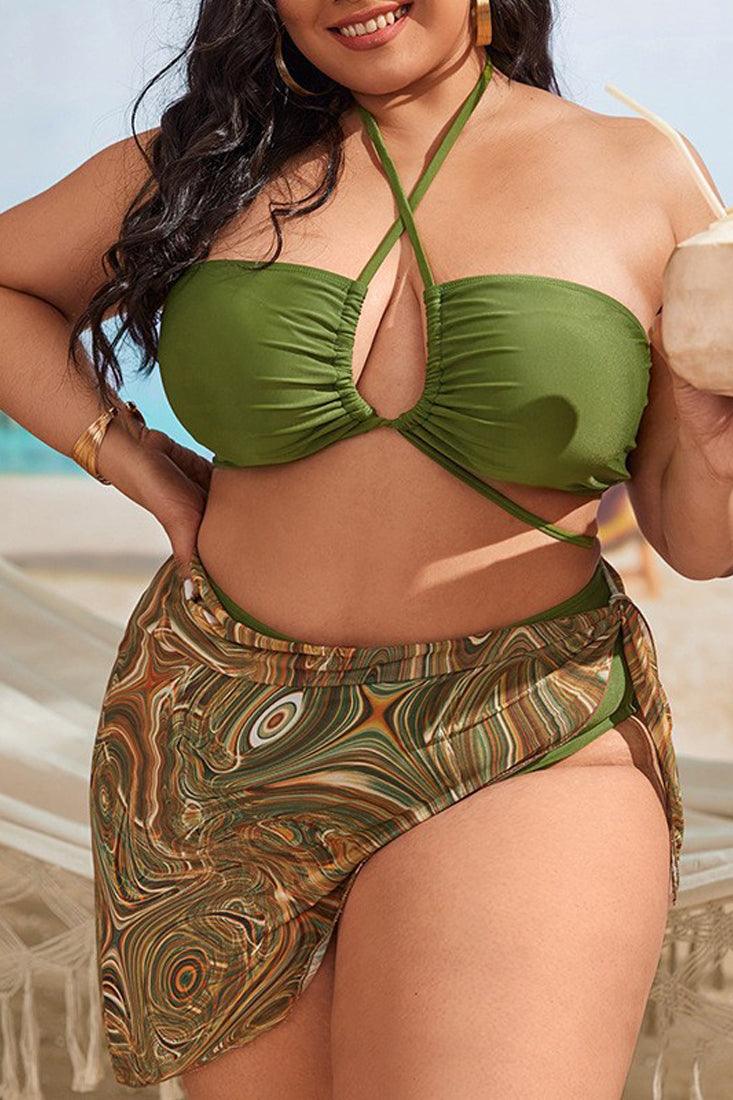 Olive Multi Printed Halter Three Piece Plus Size Swimsuit - AMIClubwear