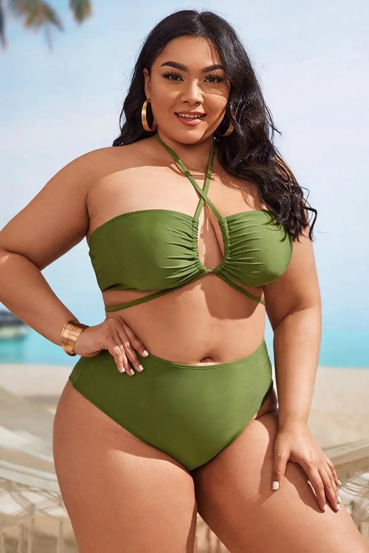 Olive Multi Printed Halter Three Piece Plus Size Swimsuit