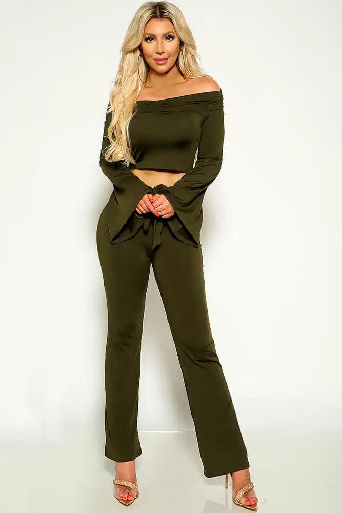 Olive Off The Shoulder Bell Sleeve Two Piece Outfit - AMIClubwear