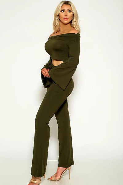 Olive Off The Shoulder Bell Sleeve Two Piece Outfit - AMIClubwear