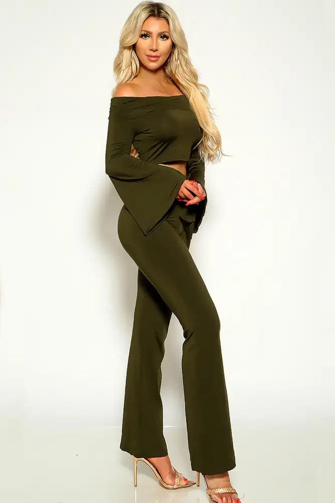 Olive Off The Shoulder Bell Sleeve Two Piece Outfit - AMIClubwear