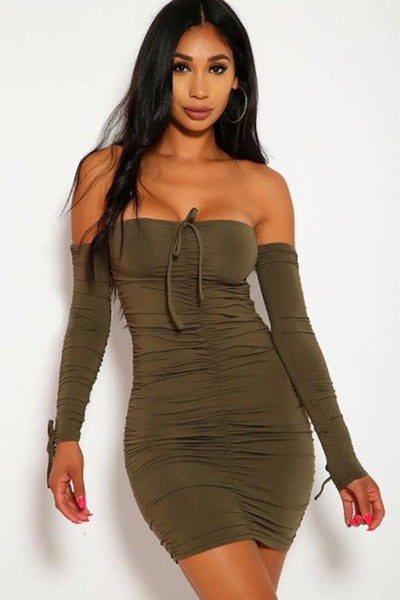 Olive Off The Shoulder Ruched Sexy Party Dress - AMIClubwear