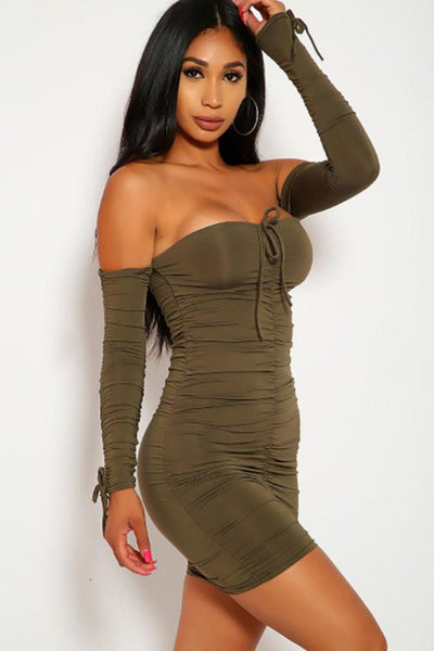 Olive Off The Shoulder Ruched Sexy Party Dress - AMIClubwear