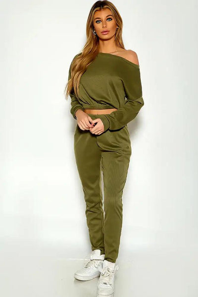 Olive One Shoulder Long Sleeve Ribbed Lounge Wear Outfit - AMIClubwear