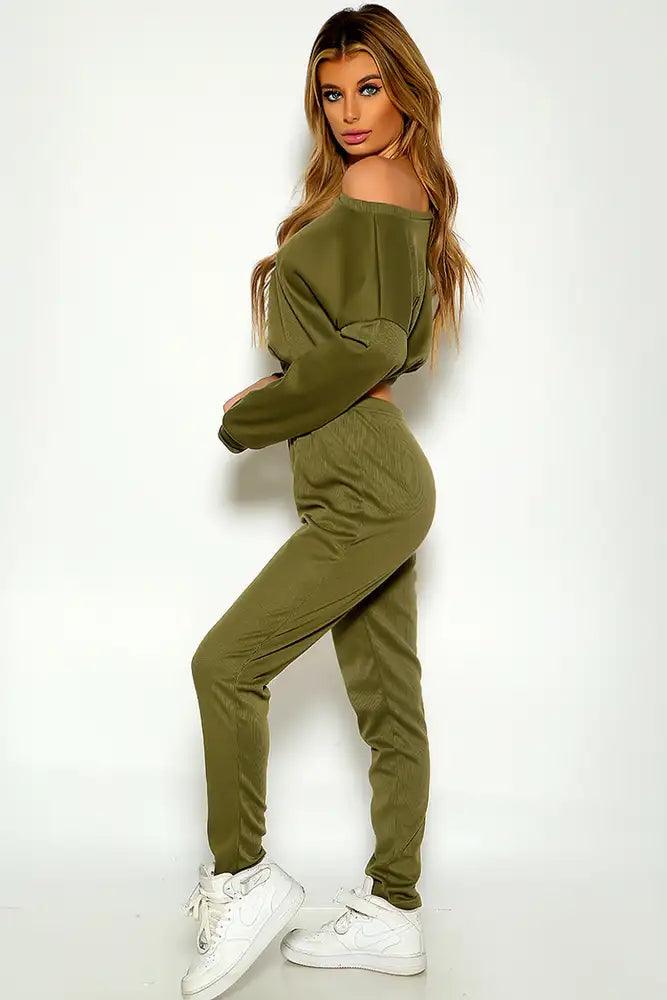 Olive One Shoulder Long Sleeve Ribbed Lounge Wear Outfit - AMIClubwear