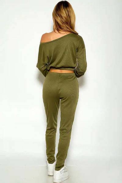 Olive One Shoulder Long Sleeve Ribbed Lounge Wear Outfit - AMIClubwear