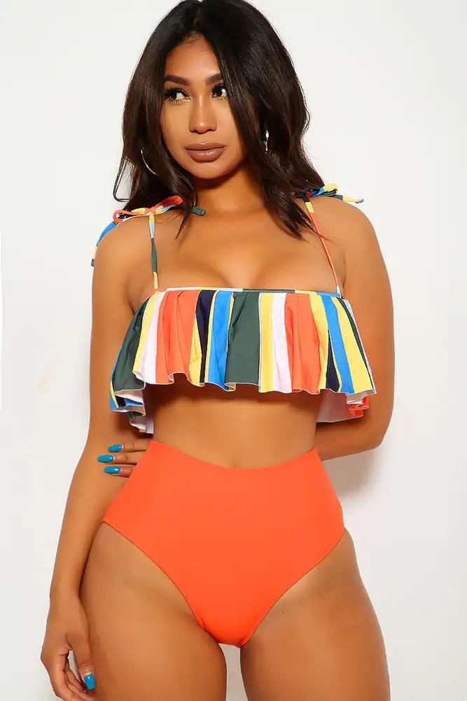 Olive Orange Striped Ruffled High Waist Two Piece Swimsuit - AMIClubwear