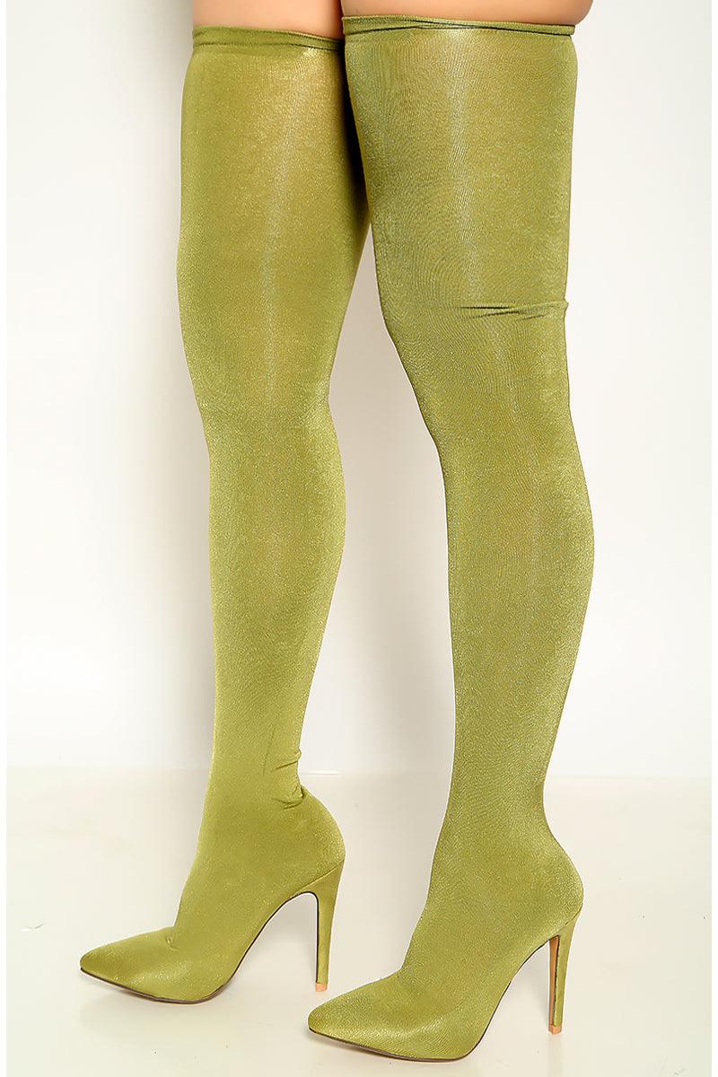 Olive Pointy Toe Mesh Sexy Single Sole Thigh High Heel Boots - AMIClubwear