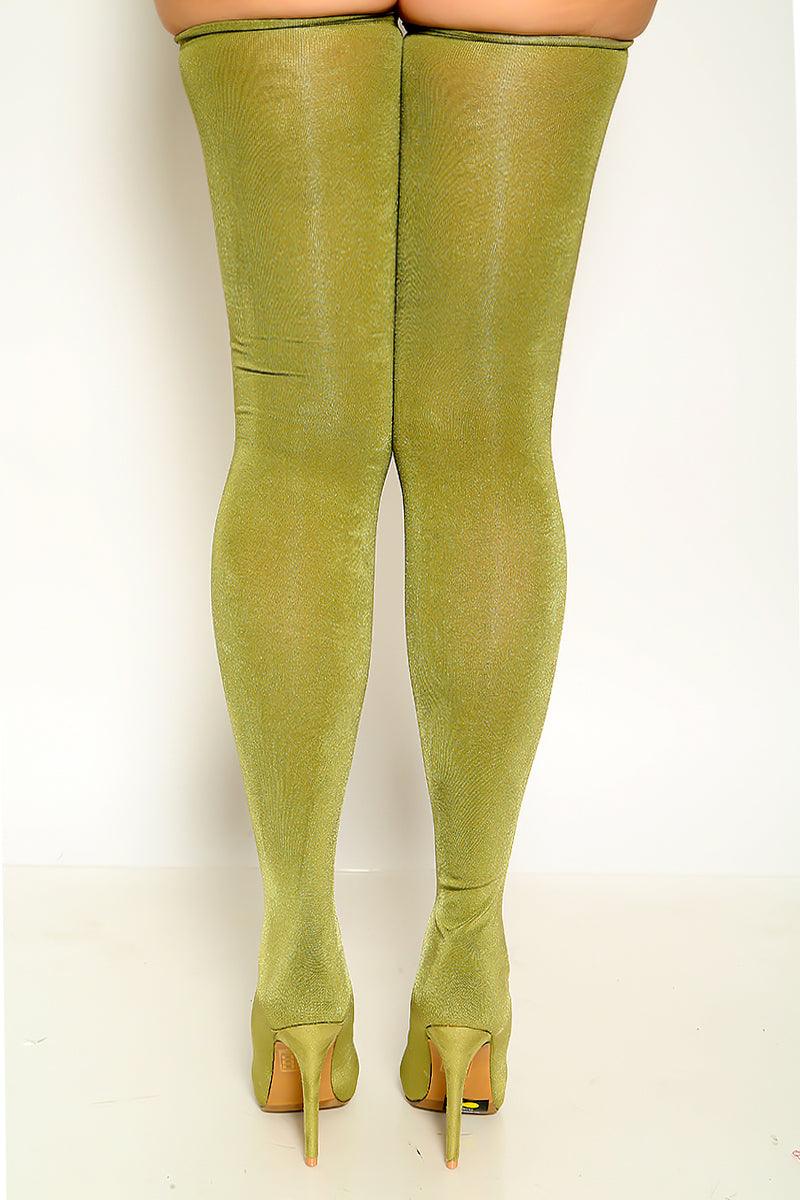 Olive Pointy Toe Mesh Sexy Single Sole Thigh High Heel Boots - AMIClubwear