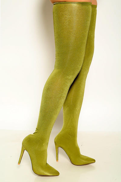 Olive Pointy Toe Mesh Sexy Single Sole Thigh High Heel Boots - AMIClubwear