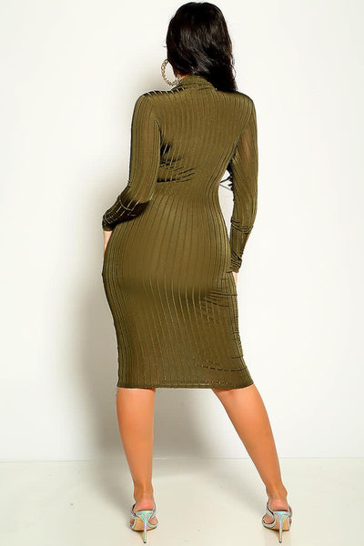 Olive Ribbed Button Up Long Sleeve Sexy Sweater Dress - AMIClubwear