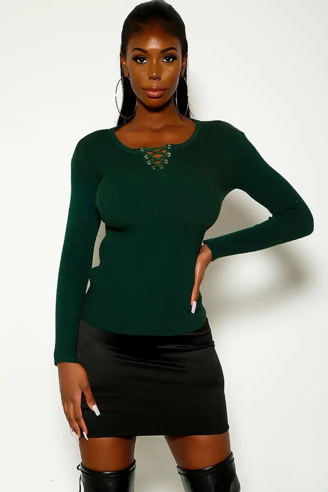Olive Ribbed Long Sleeve Lace Up Detail Sweater - AMIClubwear