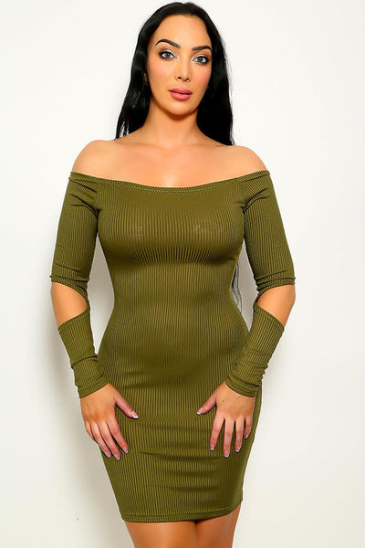 Olive Ribbed Off Shoulder Cut Out Party Dress - AMIClubwear
