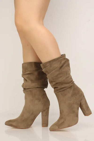 Olive Ruched Pointy Toe Chunky Heel Booties Faux Suede - AMIClubwear