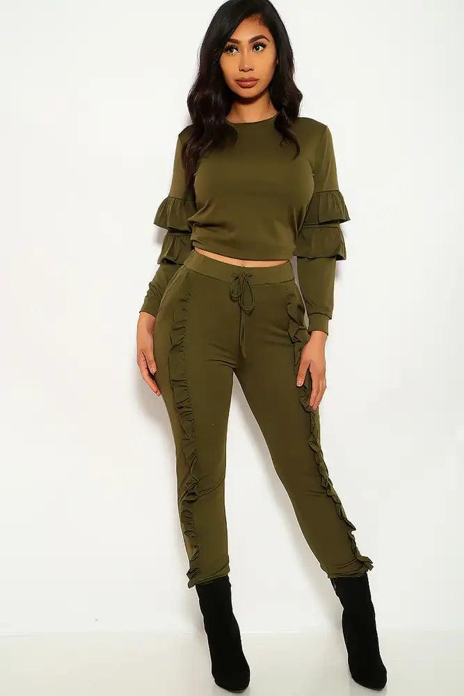 Olive Ruffled Plus Size Two Piece Outfit - AMIClubwear