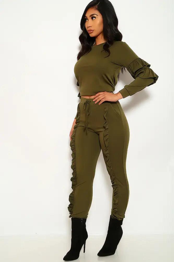 Olive Ruffled Plus Size Two Piece Outfit - AMIClubwear