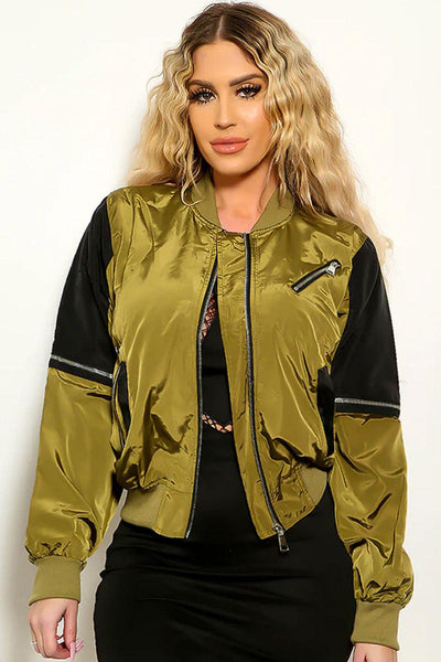 Olive Satin Long Sleeve Zip Up Bomber Jacket - AMIClubwear