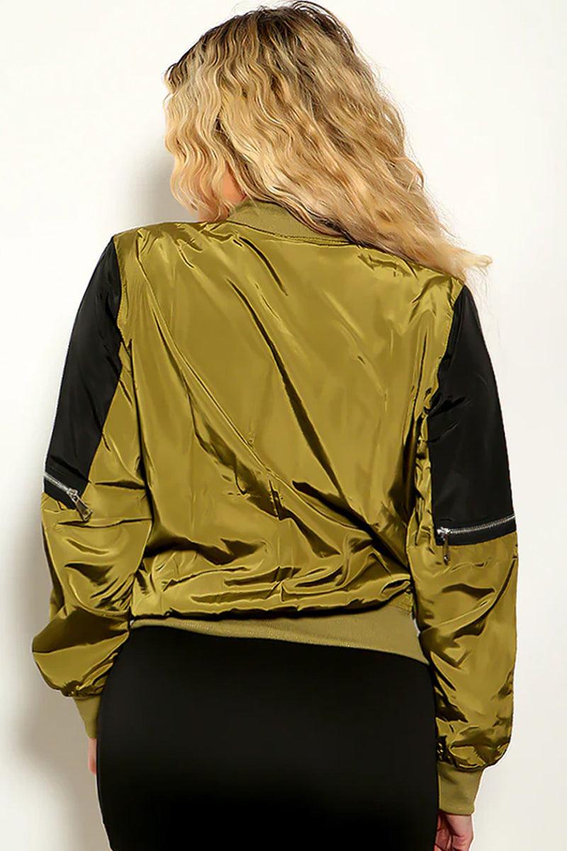 Olive Satin Long Sleeve Zip Up Bomber Jacket - AMIClubwear