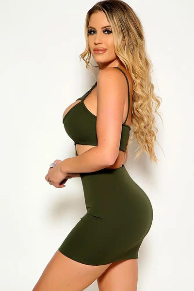 Olive Sleeveless Strappy Mesh Detail Cut Out Party Dress - AMIClubwear
