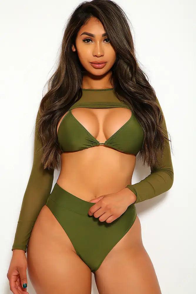 Olive Three Piece Mesh Triangle Bold Swimsuit - AMIClubwear