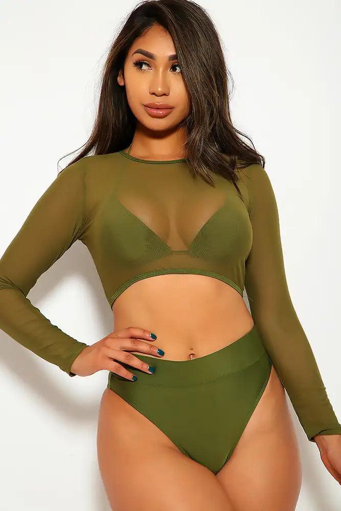 Olive Three Piece Mesh Triangle Bold Swimsuit - AMIClubwear