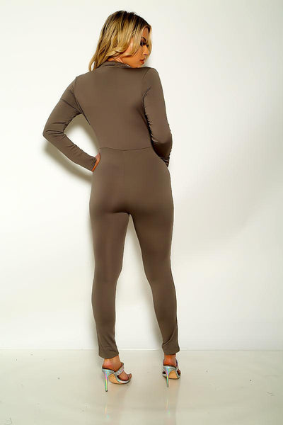 Olive V-Cut Long Sleeve Sexy Jumpsuit - AMIClubwear