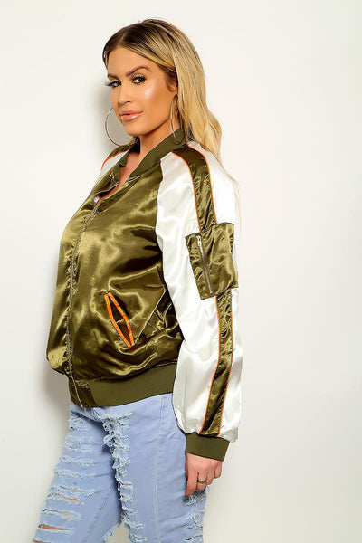 Olive White Long Sleeve Zip Up Bomber Jacket - AMIClubwear
