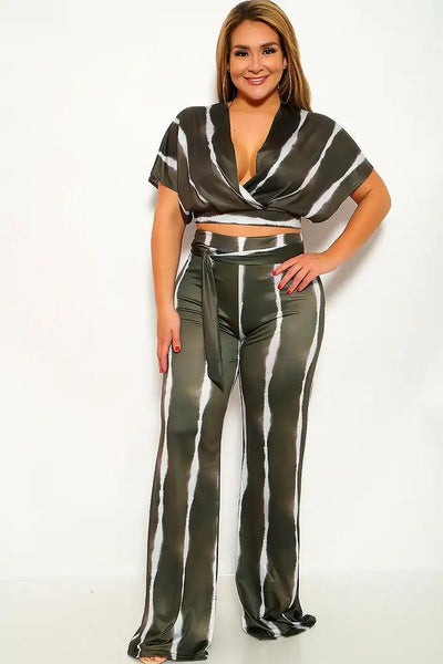 Olive White Striped Plus Size Two Piece Outfit - AMIClubwear