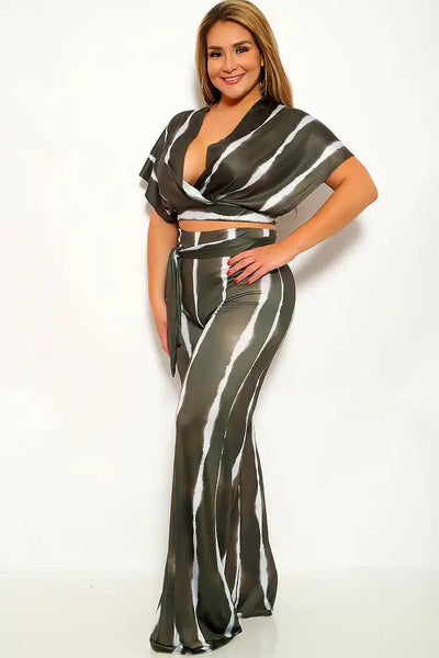 Olive White Striped Plus Size Two Piece Outfit - AMIClubwear