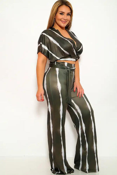 Olive White Striped Plus Size Two Piece Outfit - AMIClubwear