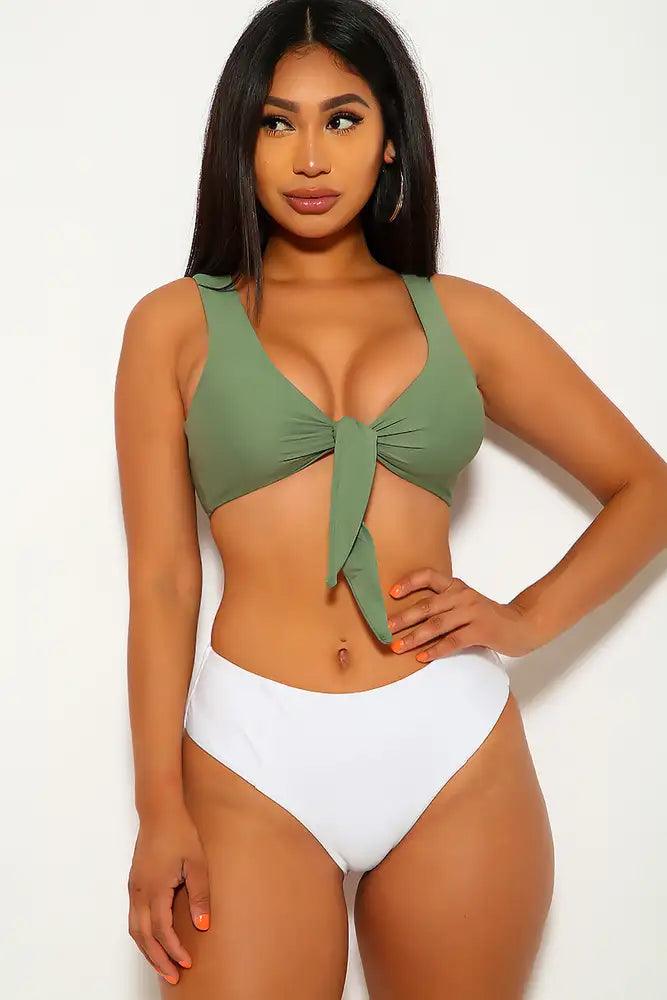 Olive White Tie Knot Two Piece Swimsuit - AMIClubwear