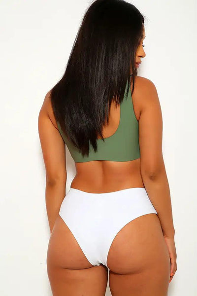 Olive White Tie Knot Two Piece Swimsuit - AMIClubwear