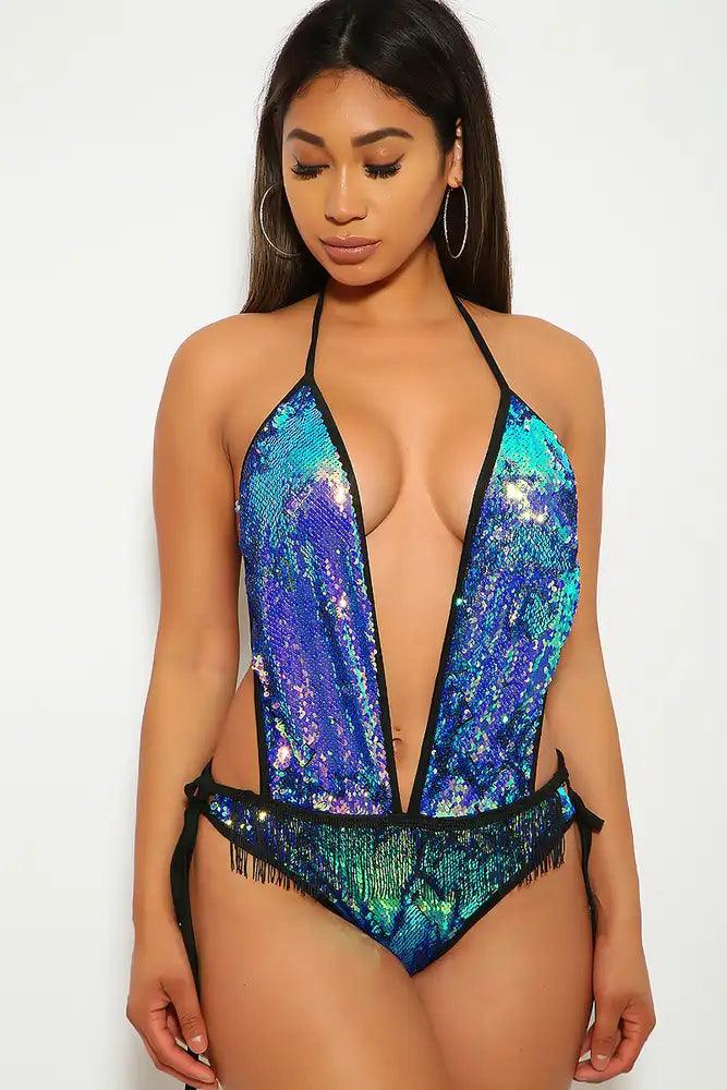 One Piece Black Blue Sequin Fringe Swimsuit - AMIClubwear