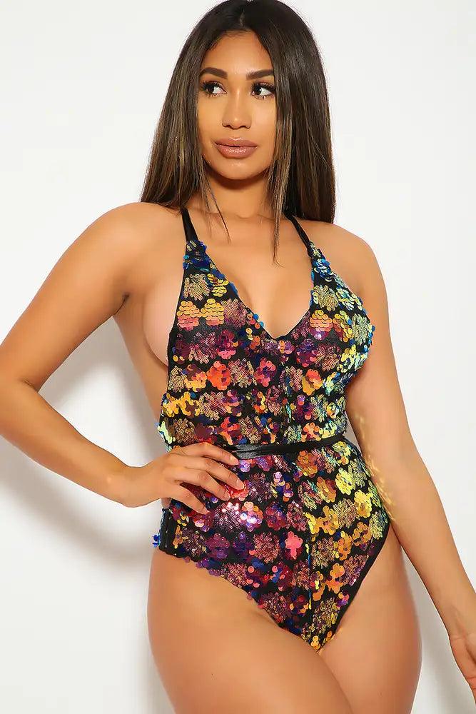 One Piece Black Rainbow Sequin Swimsuit - AMIClubwear