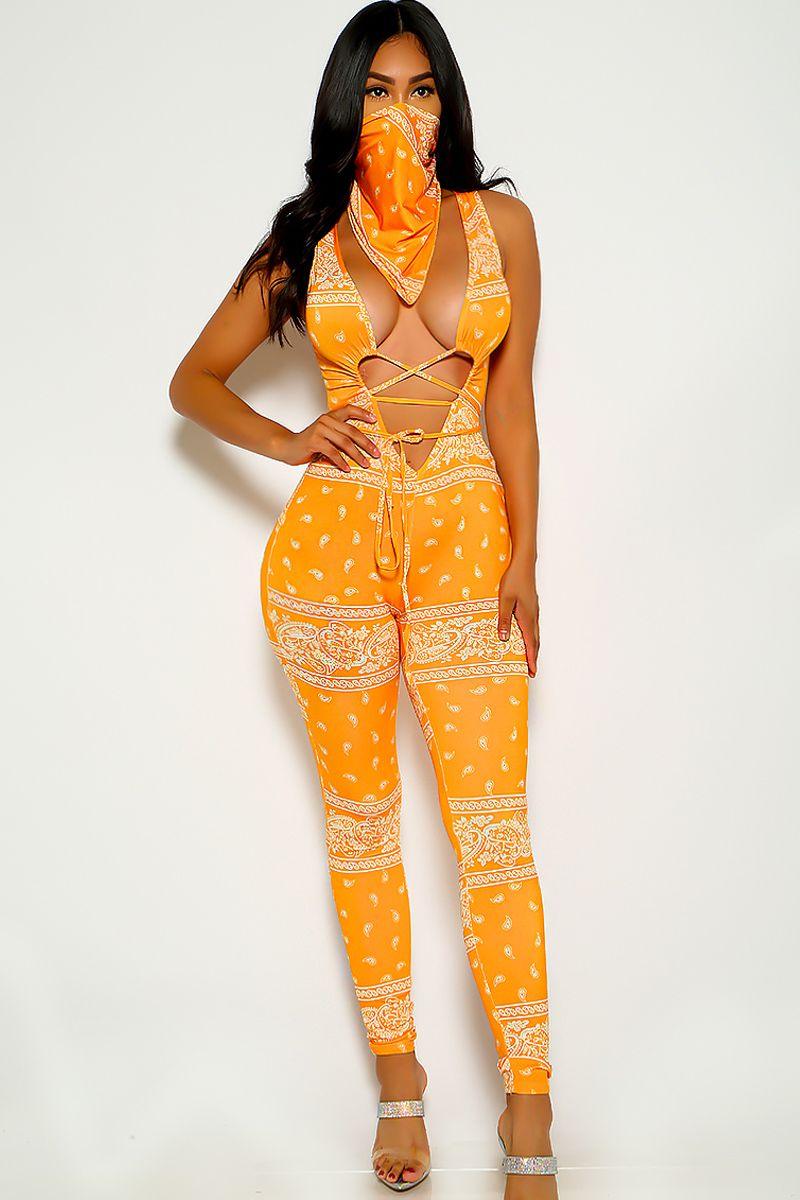 Orange Bandana Print Strappy Jumpsuit - AMIClubwear