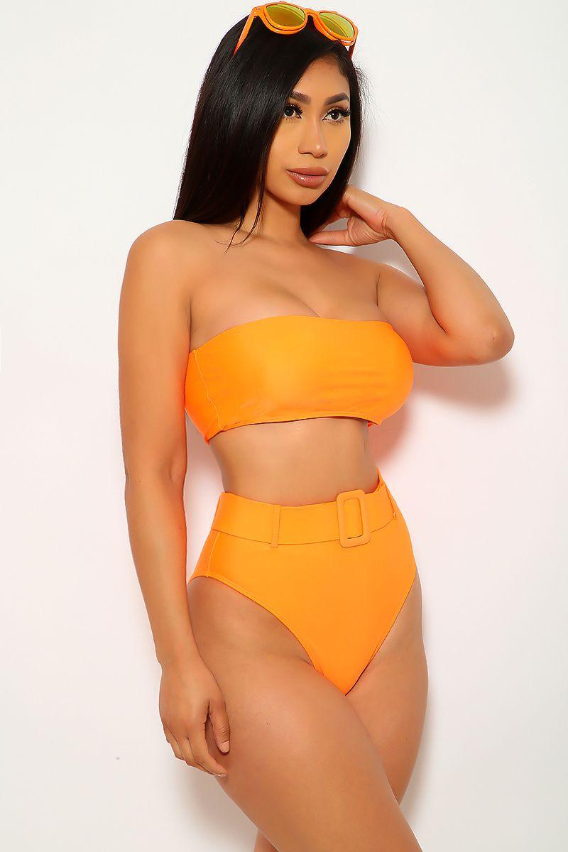 Orange Bandeau Belted Two Piece Swimsuit - AMIClubwear