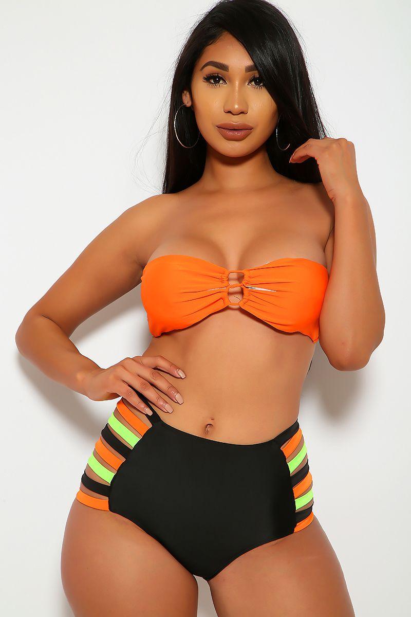 Orange Black Bandeau High Waist  2 Piece Swimsuit - AMIClubwear