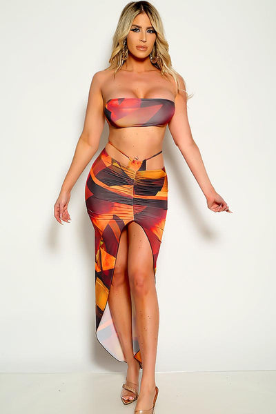 Orange Black Geometric Print Bandeau Two Piece Dress - AMIClubwear