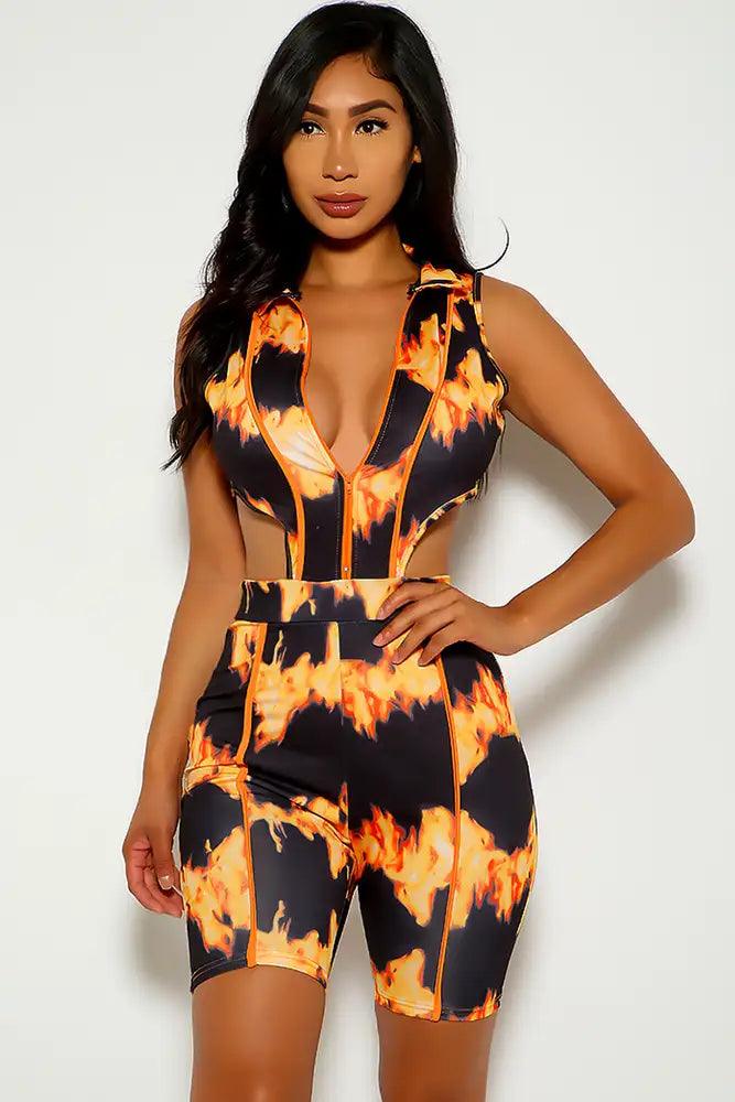 Orange Black Sleeveless Side Cut Out Romper - AMIClubwear