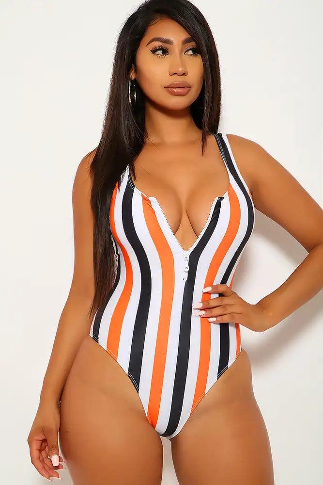 Orange Black Stripe Zip Up Cheeky One Piece Swimsuit - AMIClubwear