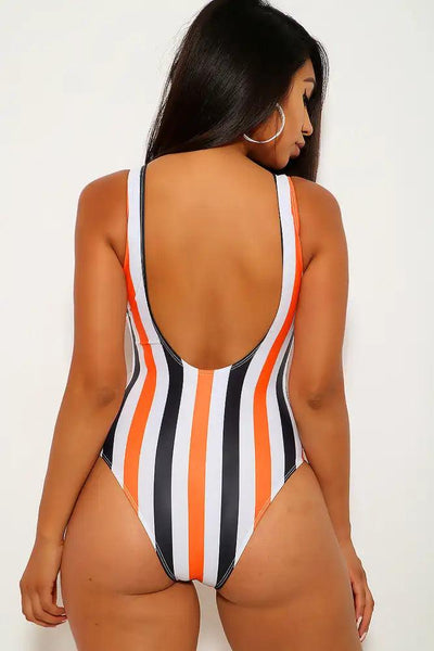 Orange Black Stripe Zip Up Cheeky One Piece Swimsuit - AMIClubwear